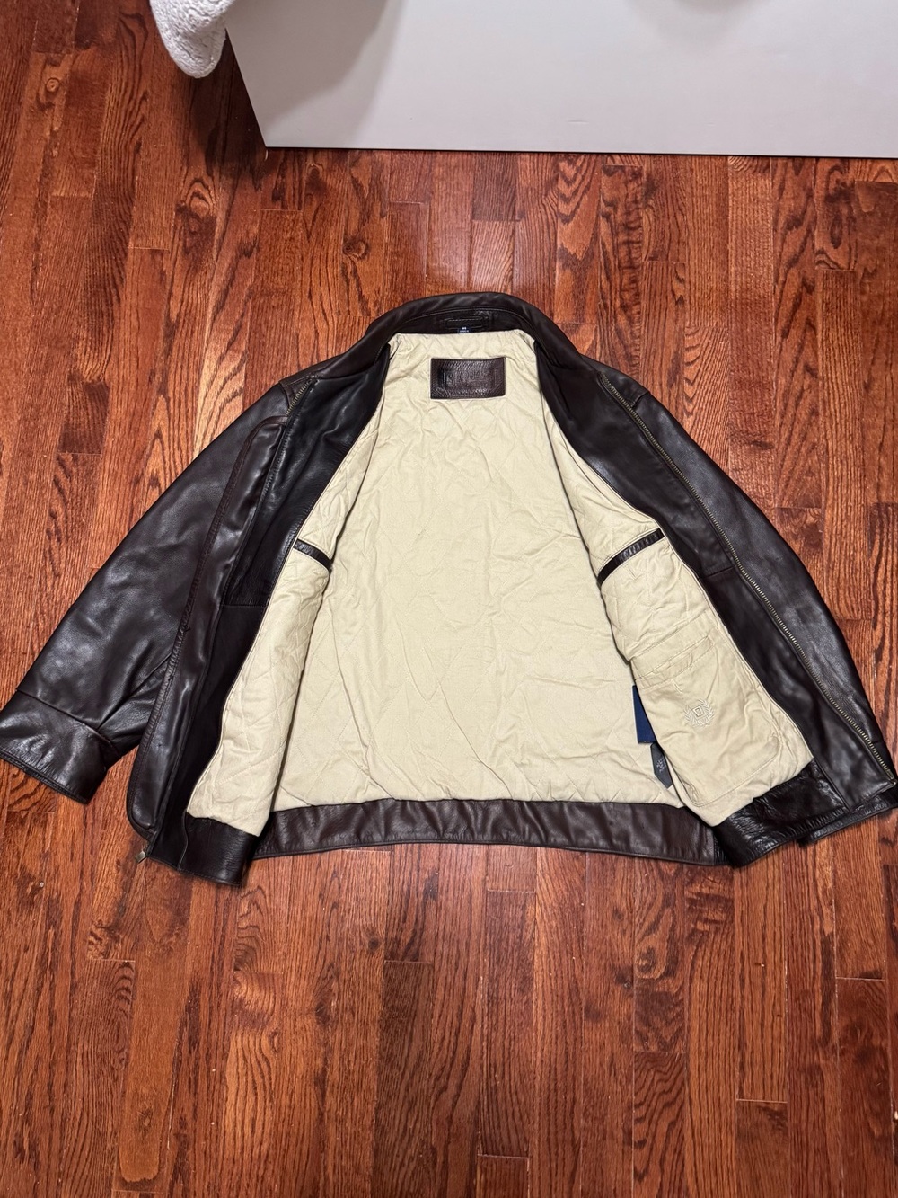 *SOLD* Chaps dark brown Leather Bomber Jacket with Cream Lining